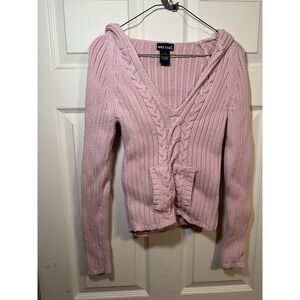 Y2K Wet Seal Women's Pink Hooded Cable-Knit Cotton Pullover Sweater Size S